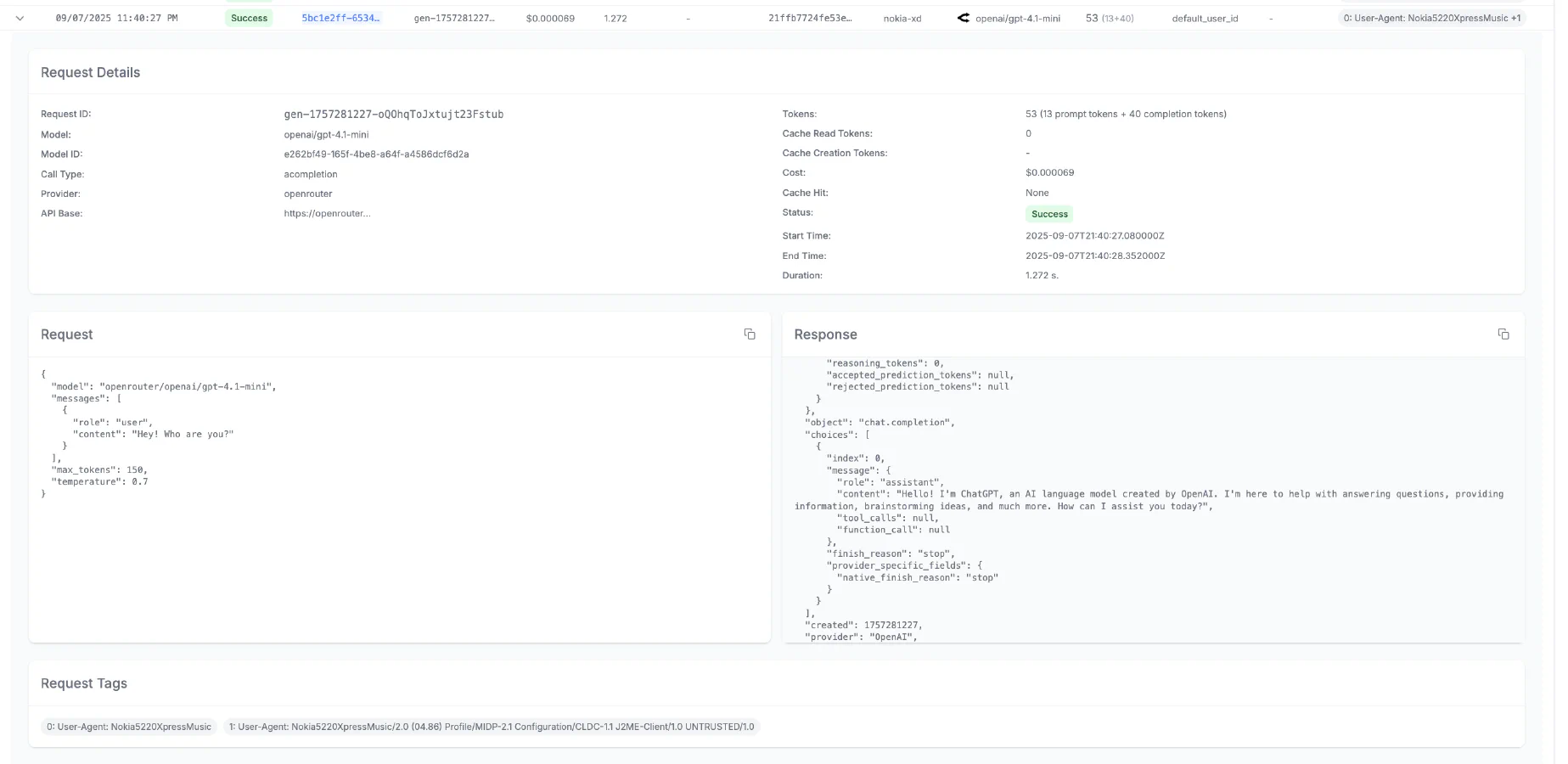 screenshot showing litellm dashboard - showing request body from nokia and response from chatgpt API