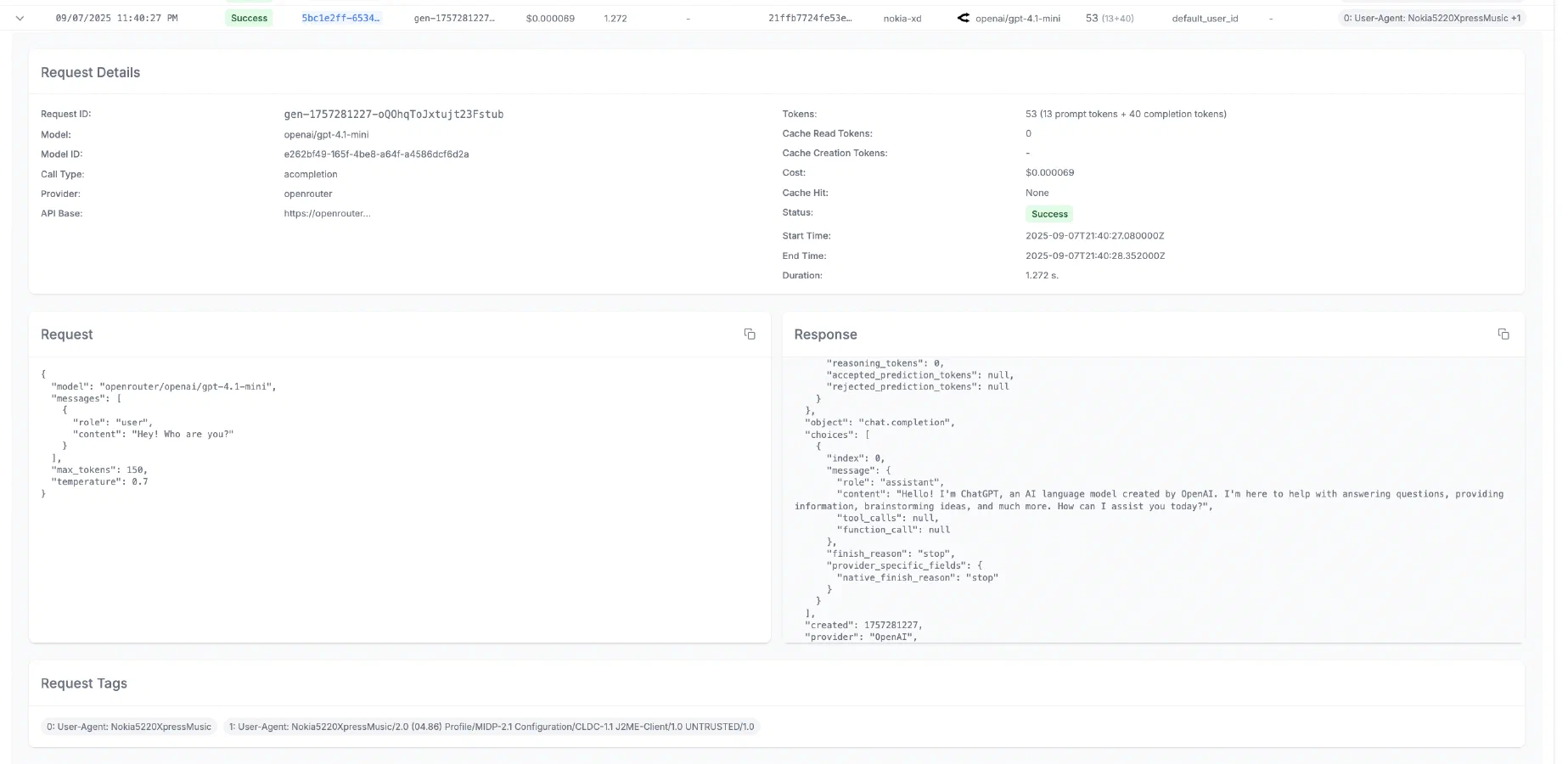 screenshot showing litellm dashboard - showing request body from nokia and response from chatgpt API